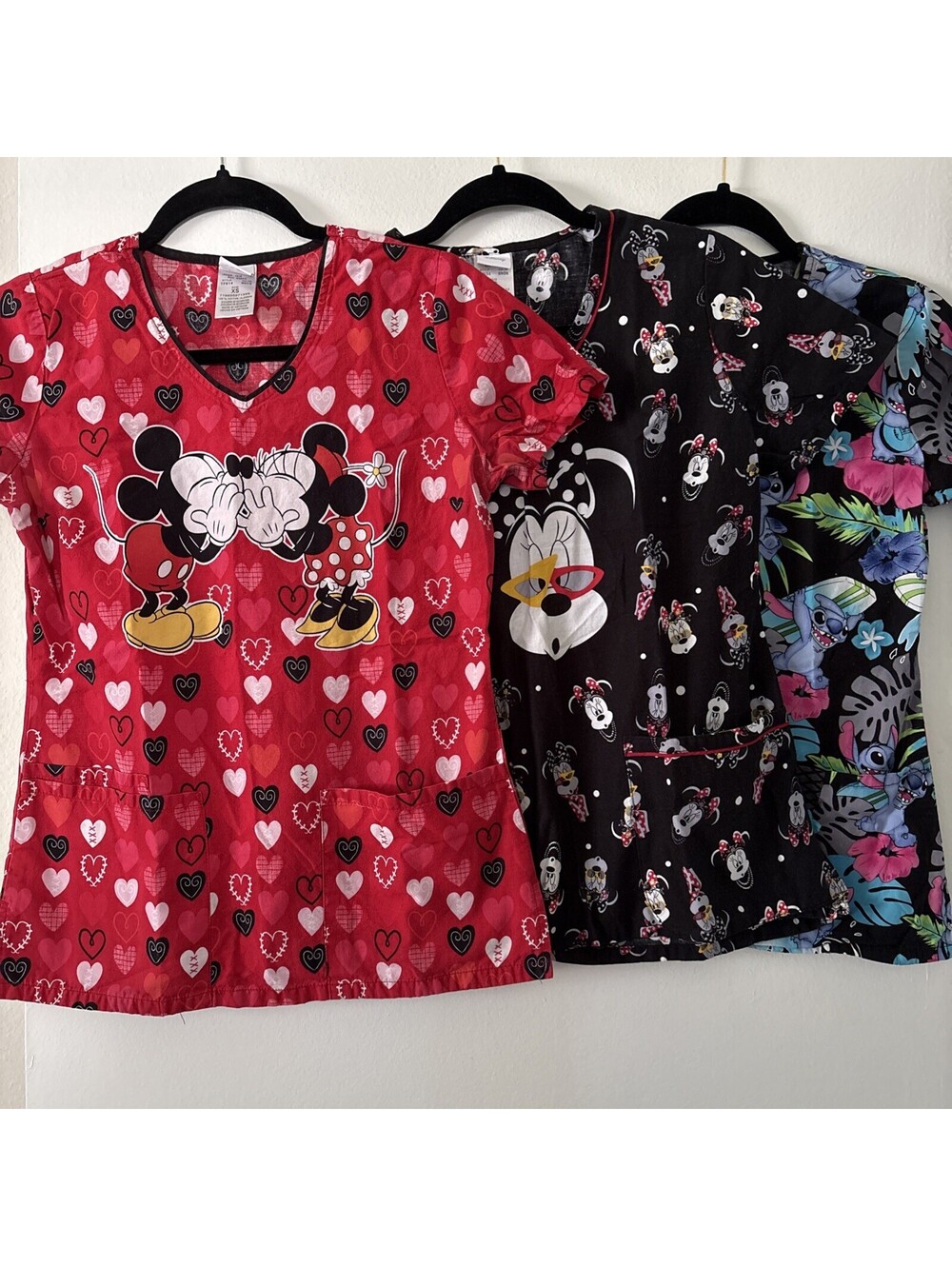 Lot of 3 Disney Lilo Stitch Minnie Mickey Scrub Tops Womens XS Medical Uniforms